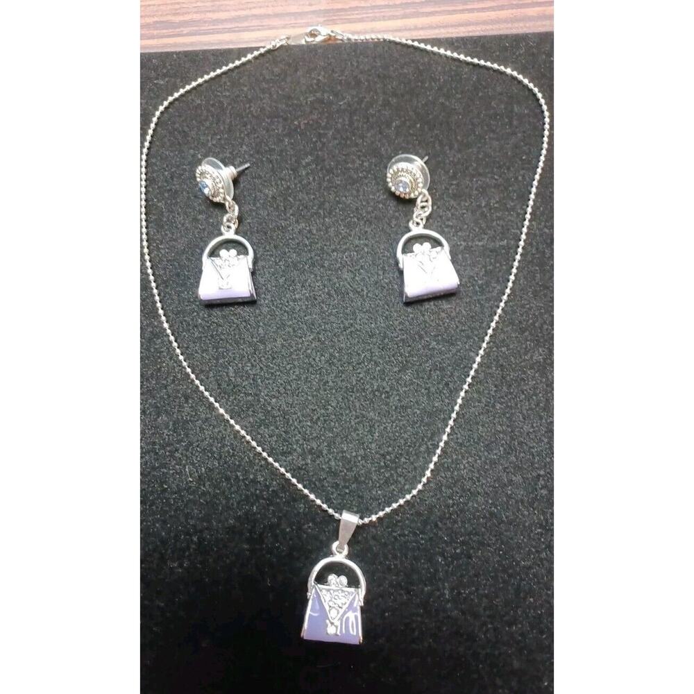 Purple Purse Charm Necklace Matching Earrings Bling Shopping Fun Pierced - Picture 6 of 6